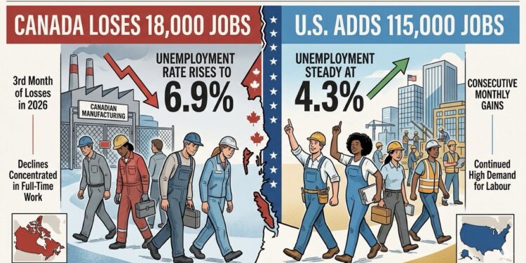 A split-screen editorial illustration comparing April 2026 job markets: Canada's side shows a 6.9% unemployment rate with workers leaving a factory and a downward red arrow; the U.S. side shows a steady 4.3% rate with diverse construction workers and an upward green arrow.