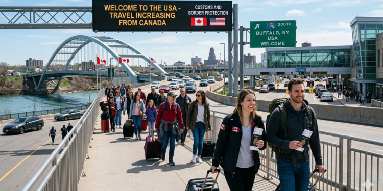 Canadian travelers at a U.S. airport amid rising cross-border trips in 2026
